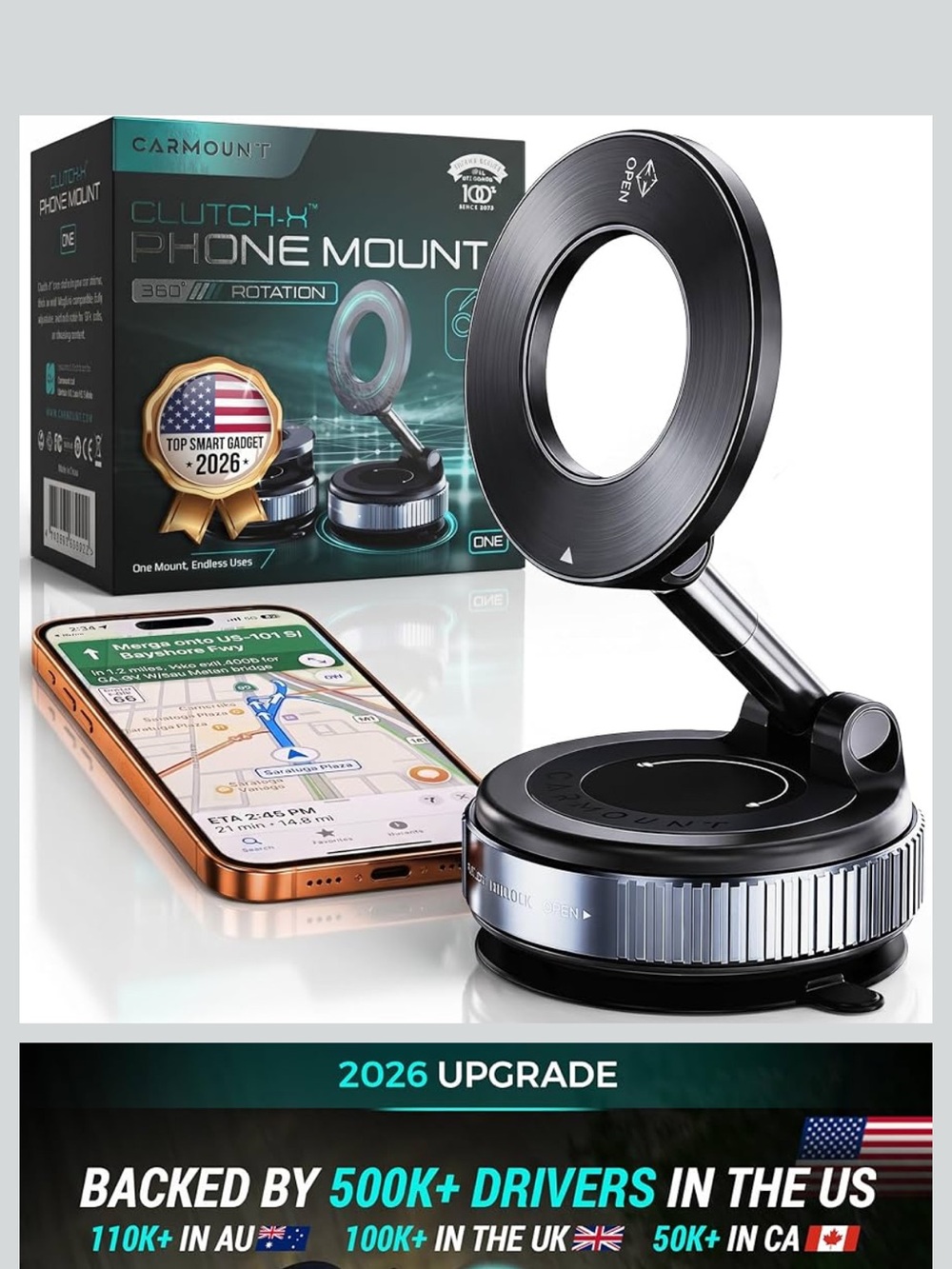 Clutch-X™ Black Vacuum Phone Mount Suction Cup Car Holder Travel Vacuum Magnetic